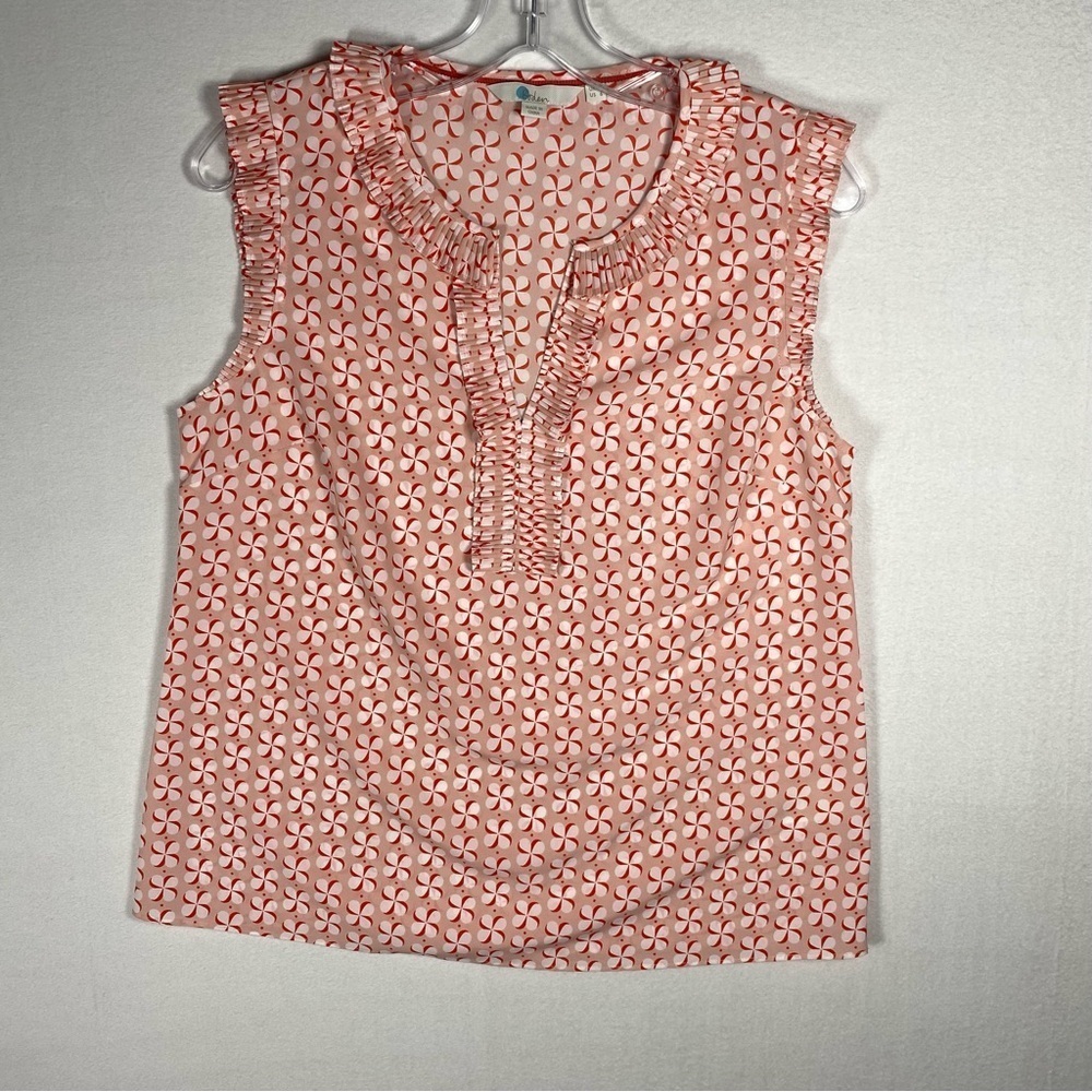 Boden US 6 Peggy Pinwheel Ruffle Pleated Blouse 0072 Sleeveless Printed Top pink